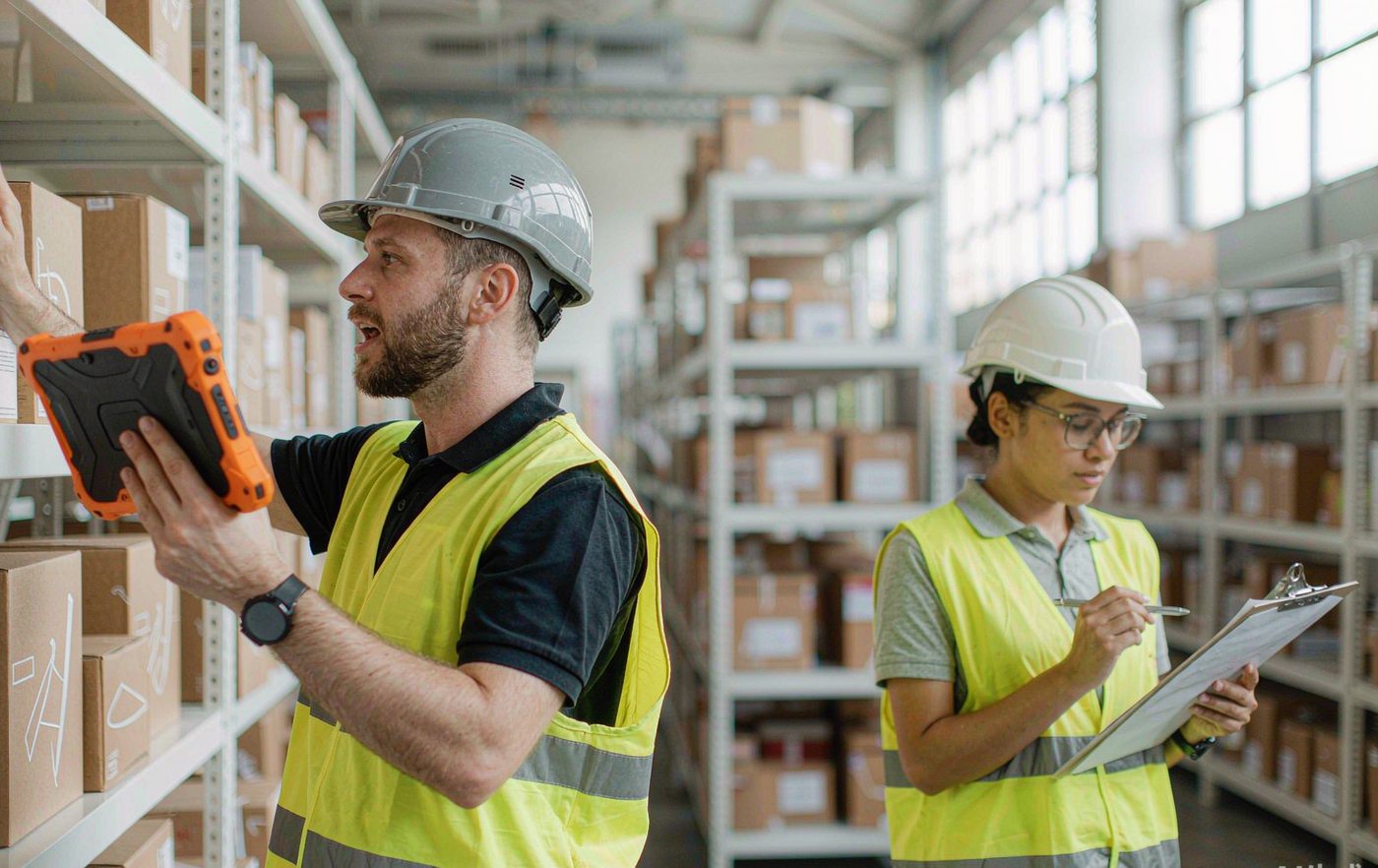 Warehouse operations staff checking inventory with a tablet